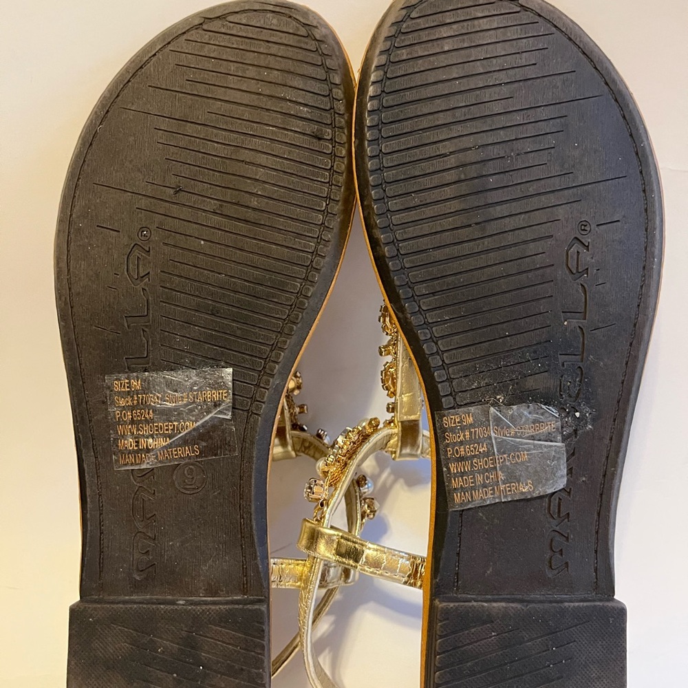 Sz 9 City Lights Bling Sandals Gold Metallic Rhinestone & Pearl Thong - Picture 12 of 13